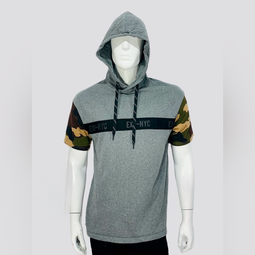 Express Grey Hooded Tee with Camo Short Sleeves